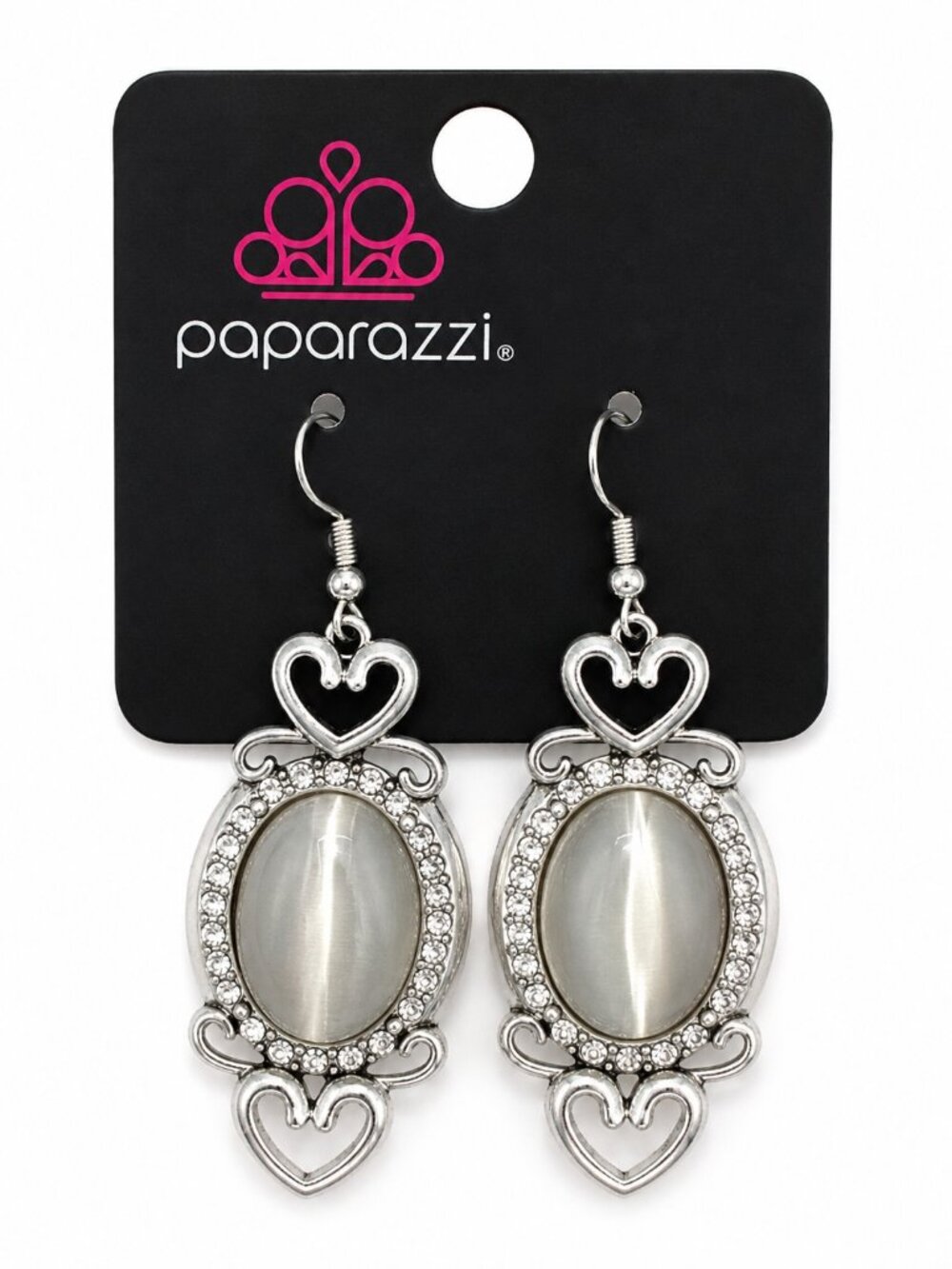 Paparazzi White Cat's Eye Rhinestone Dangle Earrings Heart Accent NWT